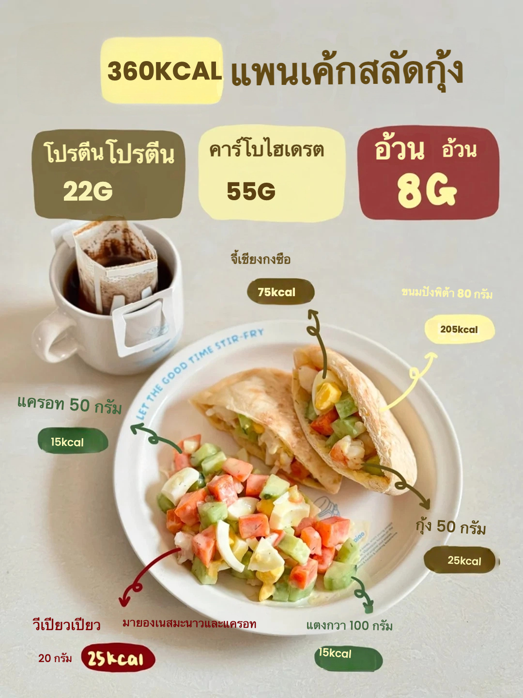 🥙 400 แคลอรี: พ็อกเก็ตพิท้ากับกุ้งสลัด 🥗