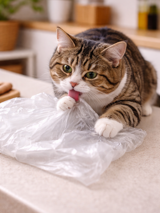 เจ้าเหมียวเลียหรือเคี้ยวถุงพลาสติก