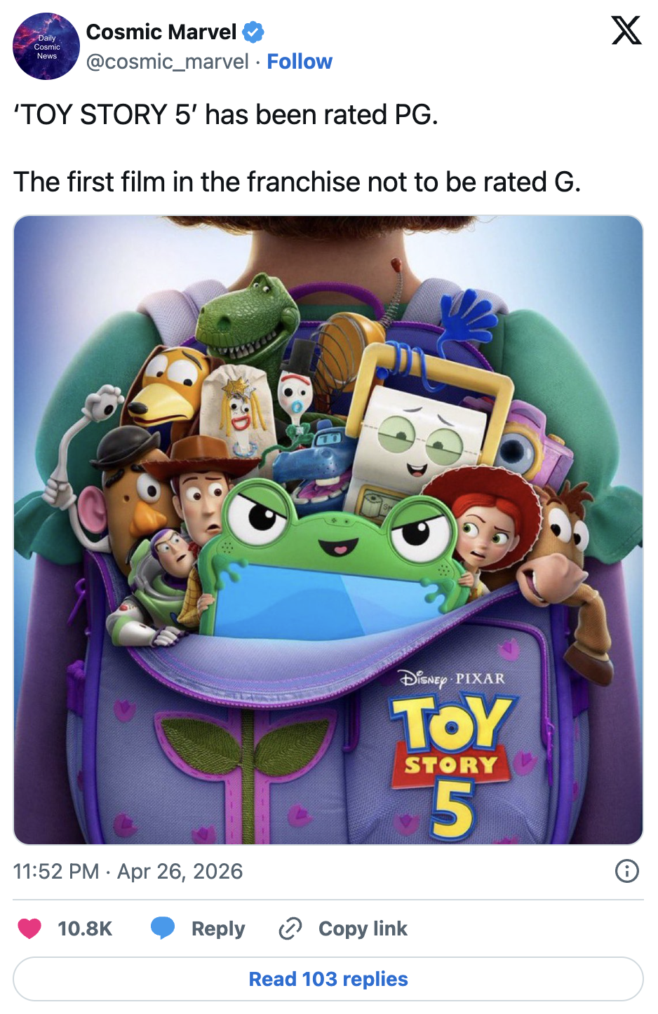 Toy Story 5 ได้เรต PG ครั้งแรกของแฟรนไชส์ สะท้อนเนื้อหาที่โตขึ้น Image1