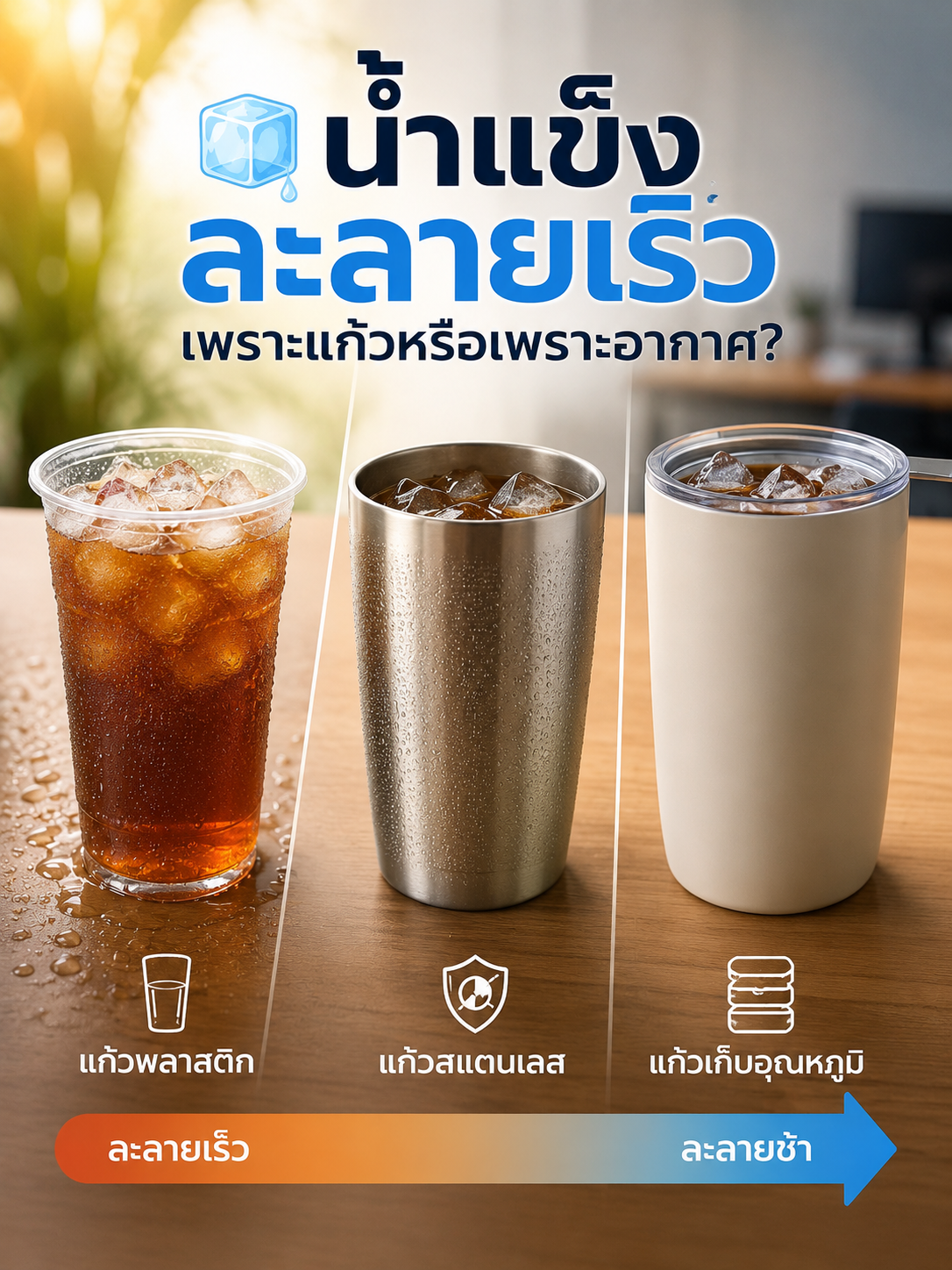 น้ำแข็งละลายเร็ว เพราะแก้วหรือเพราะอากาศ? Image1
