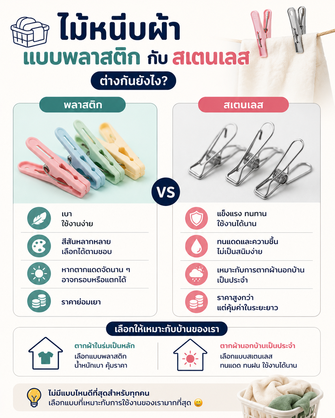 ไม้หนีบผ้าแบบพลาสติก กับสเตนเลส ต่างกันยังไง Image1