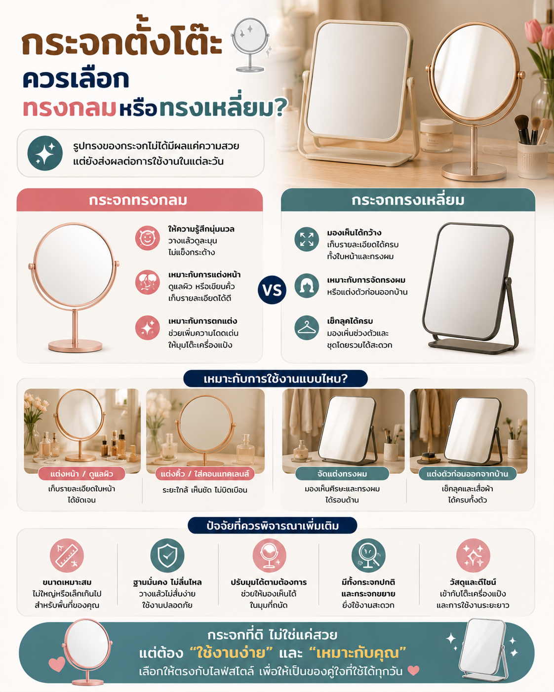 กระจกตั้งโต๊ะ ควรเลือกทรงกลมหรือทรงเหลี่ยม? Image1