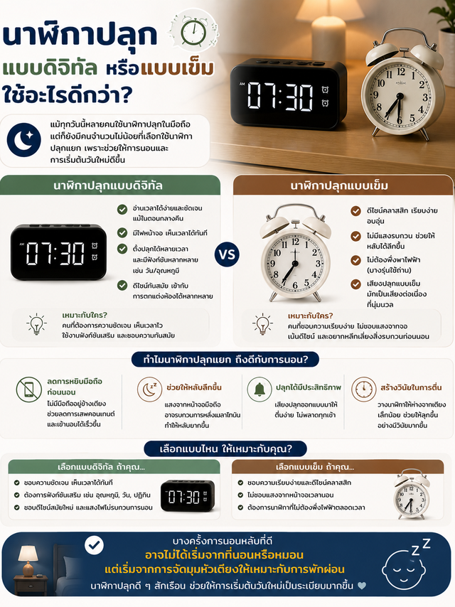 นาฬิกาปลุกแบบดิจิทัล หรือแบบเข็ม ใช้อะไรดีกว่า?