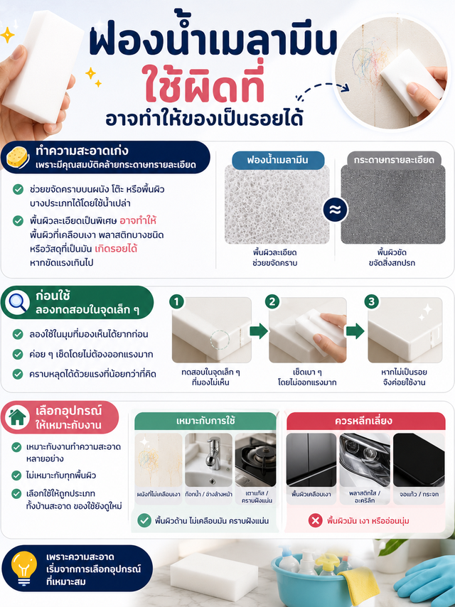 ฟองน้ำเมลามีน ใช้ผิดที่ อาจทำให้ของเป็นรอยได้
