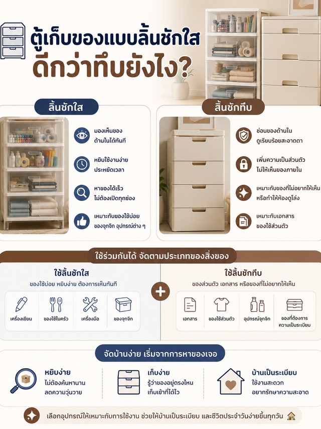 ตู้เก็บของแบบลิ้นชักใส ดีกว่าทึบยังไง?