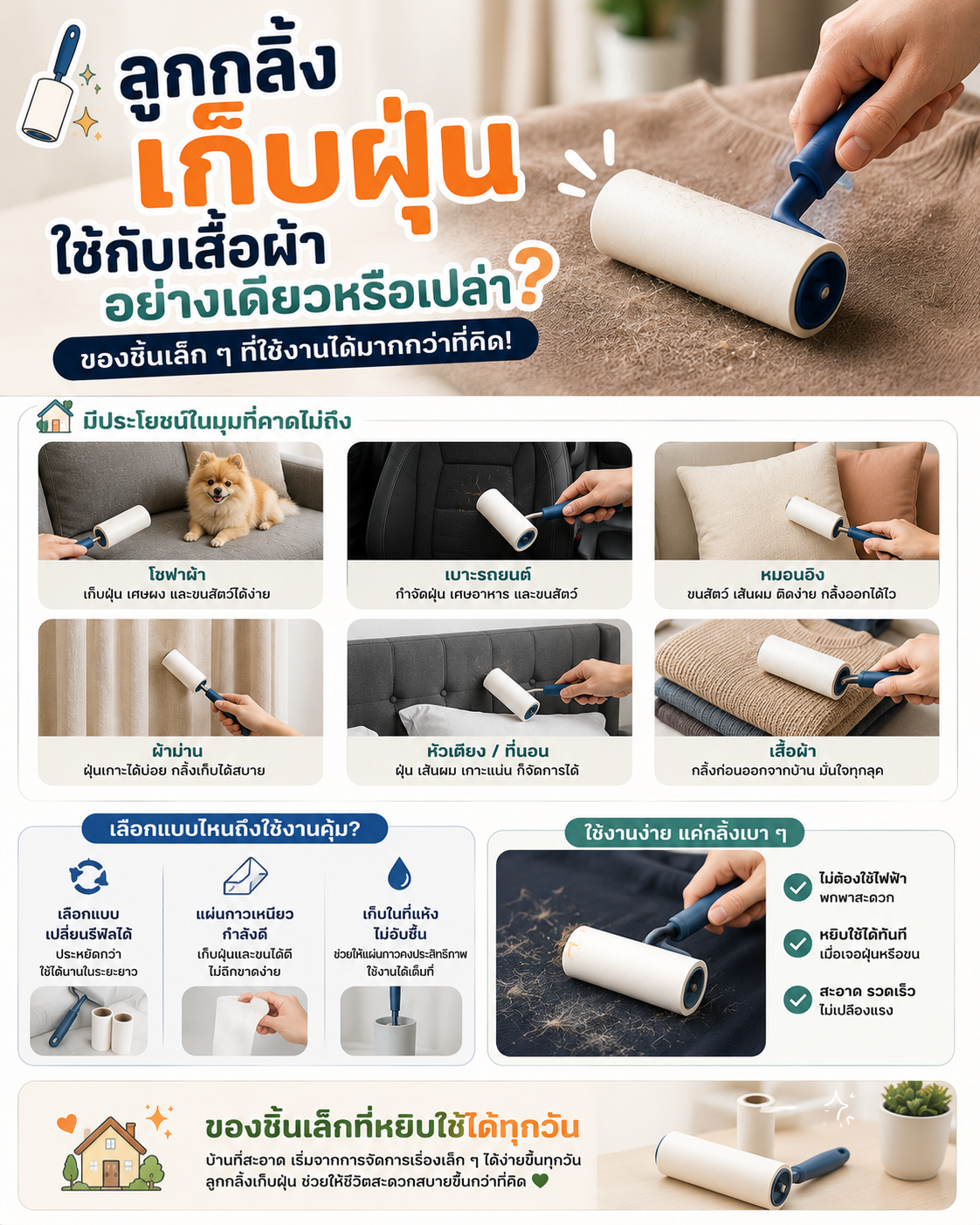ลูกกลิ้งเก็บฝุ่น ใช้กับเสื้อผ้าอย่างเดียวหรือเปล่า? Image1