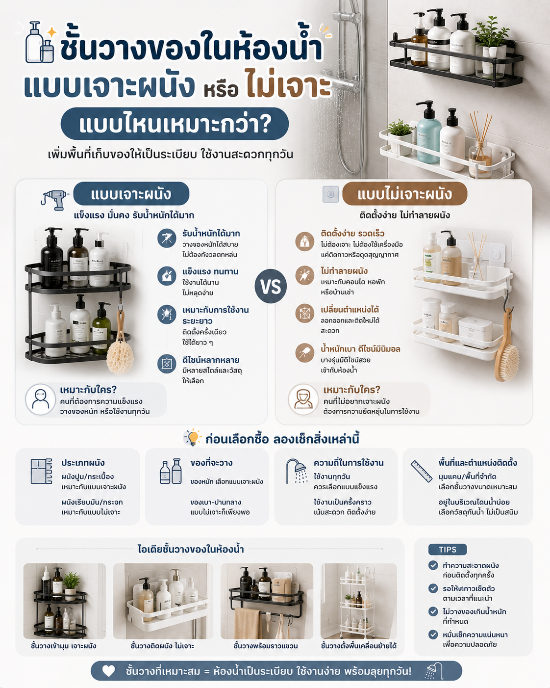 ชั้นวางของในห้องน้ำ แบบเจาะผนังหรือไม่เจาะ แบบไหนเหมาะกว่า? Image1