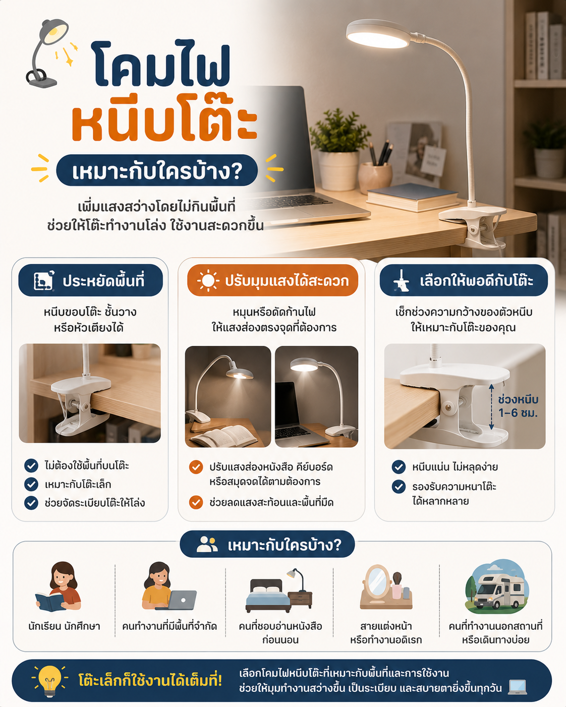 โคมไฟหนีบโต๊ะ เหมาะกับใครบ้าง? Image1