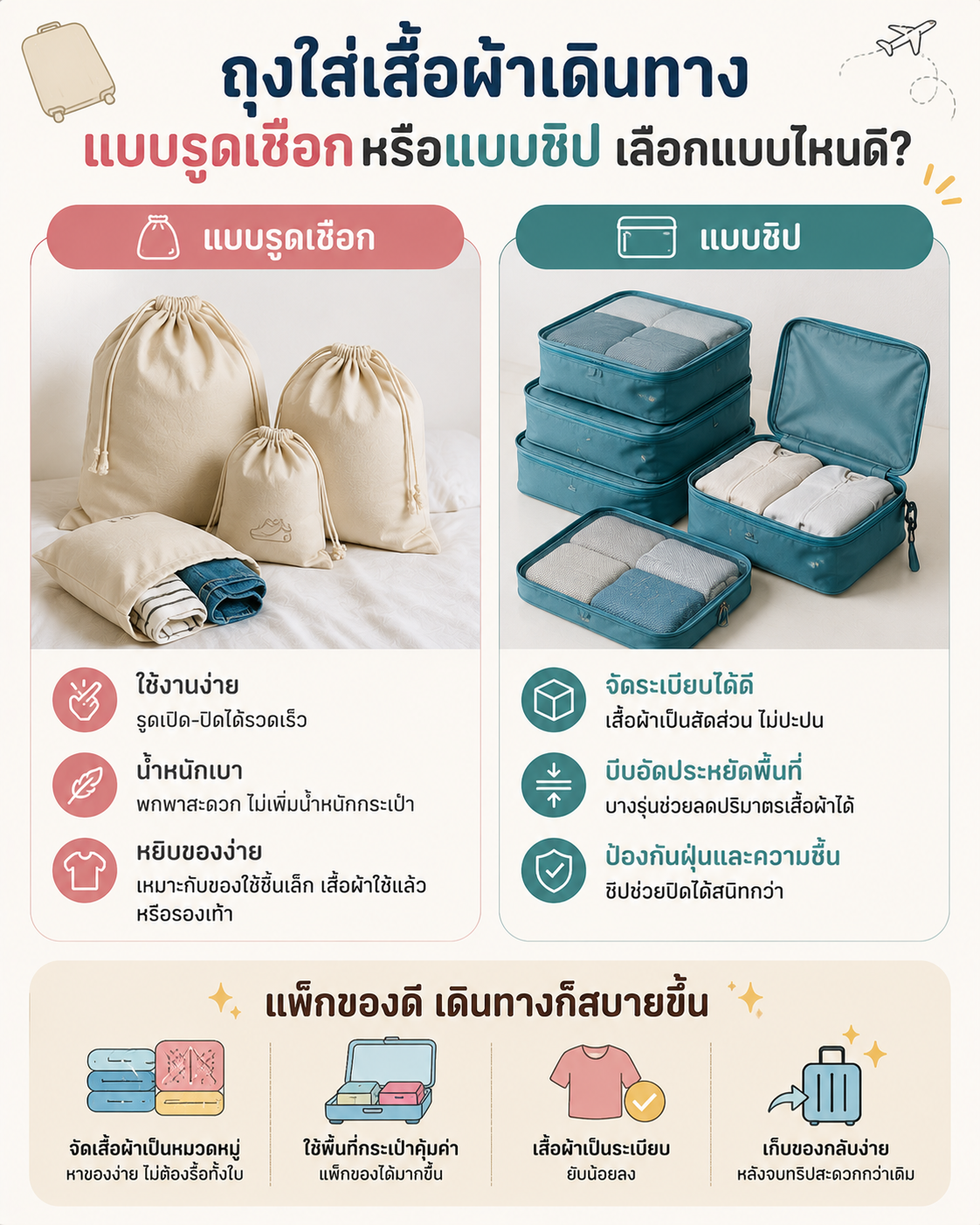 ถุงใส่เสื้อผ้าเดินทาง แบบรูดเชือกหรือแบบซิป เลือกแบบไหนดี? Image1