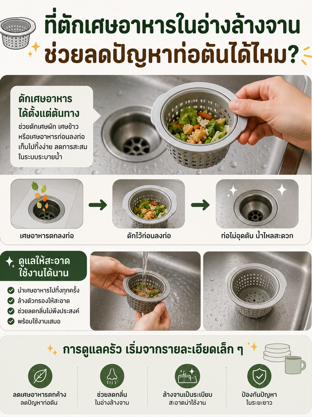 ที่ตักเศษอาหารในอ่างล้างจาน ช่วยลดปัญหาท่อตันได้ไหม?