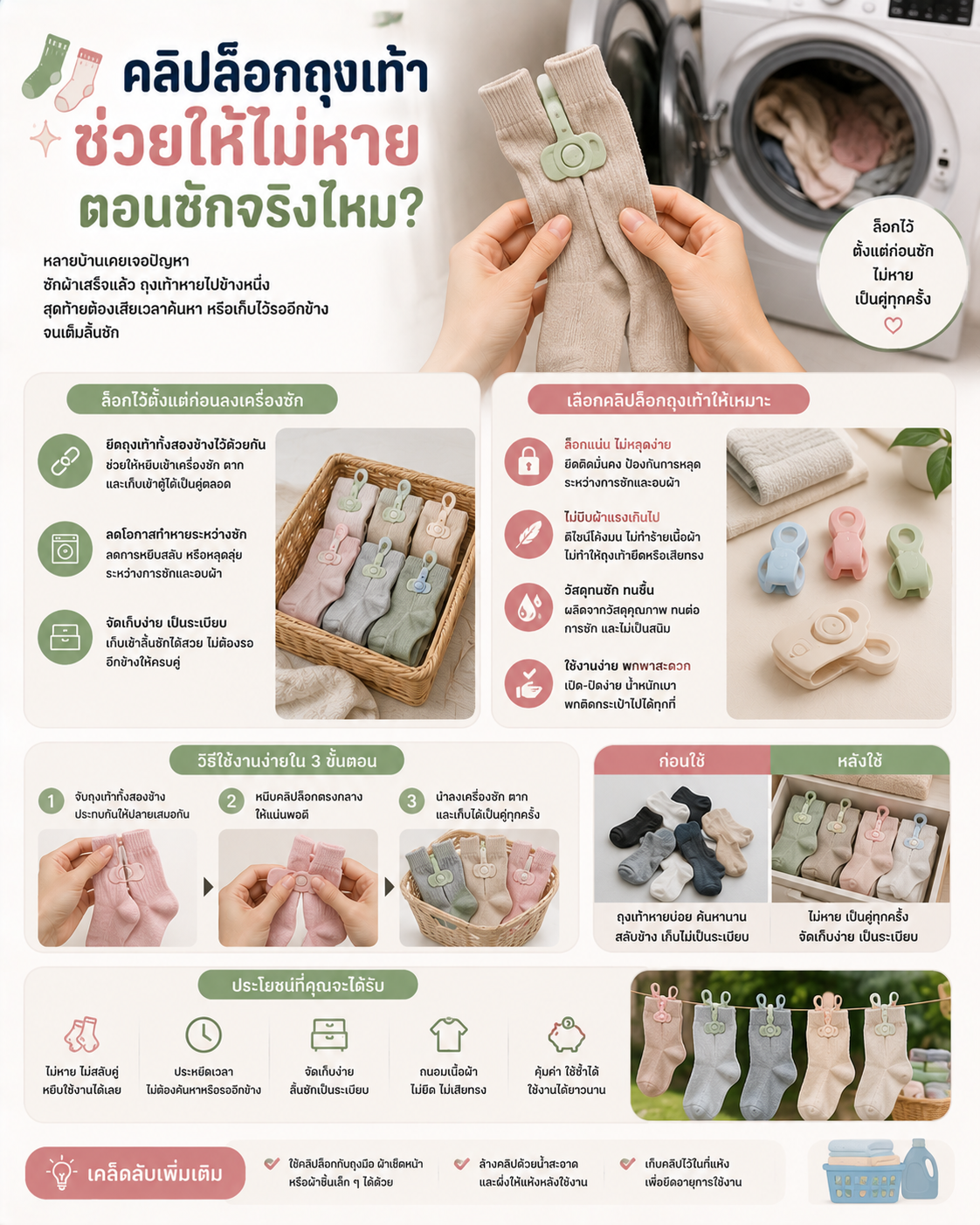 คลิปล็อกถุงเท้า ช่วยให้ไม่หายตอนซักจริงไหม? Image1