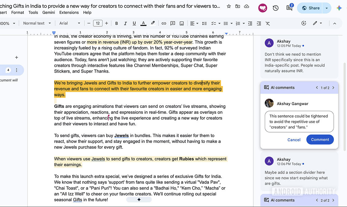 Gemini Google Docs เปลี่ยนเอกสารให้เป็นเวิร์กสเปซภาพและคอมเมนต์อัจฉริยะ