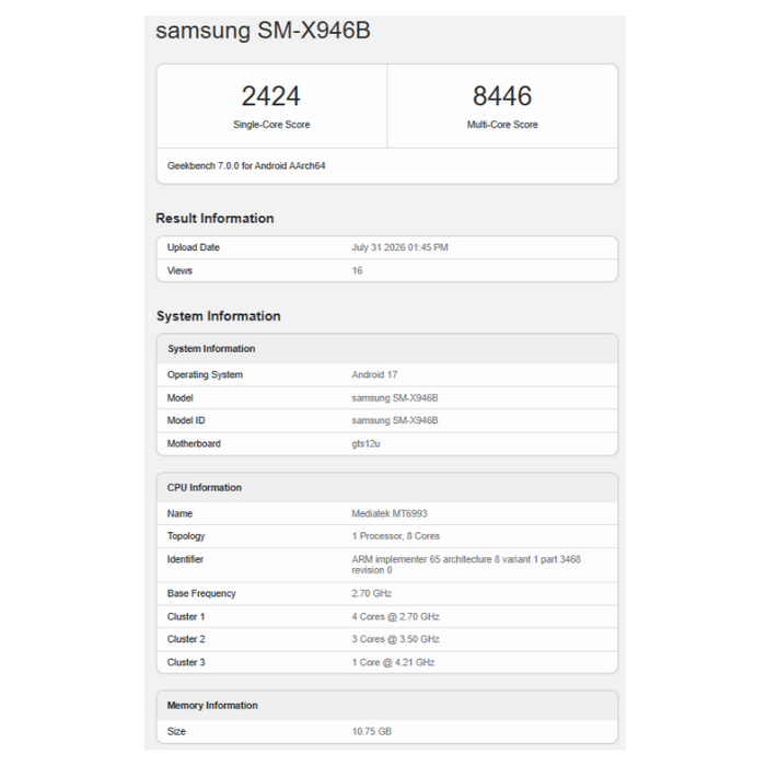 Samsung Galaxy Tab S12 Ultra โผล่ Geekbench ยืนยันชิป Dimensity 9500 และ RAM 12GB