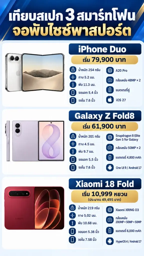 iPhone Duo vs Galaxy Z Fold 8 vs Xiaomi 18 Fold ศึกสมาร์ทโฟนจอพับเรือธงตัวไหนคุ้มสุด