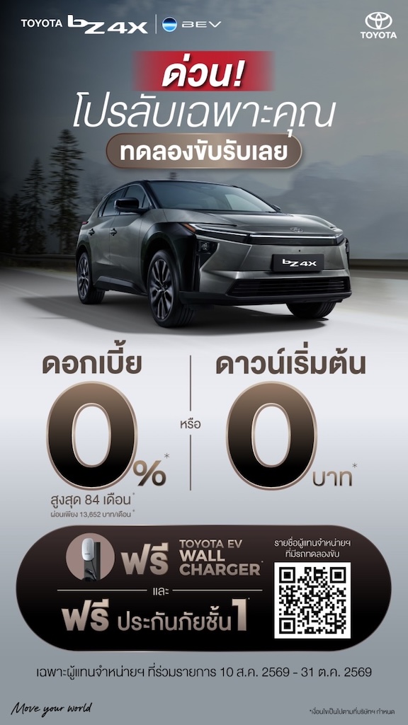 Toyota bZ4X ผ่อน 13,652 บาท ดอกเบี้ย 0% พร้อม Wall Charger ฟรี