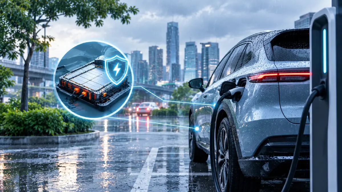 ฝนตกหนัก น้ำท่วม วิธีป้องกันแบตเตอรี่ EV และระบบไฟแรงดันสูง