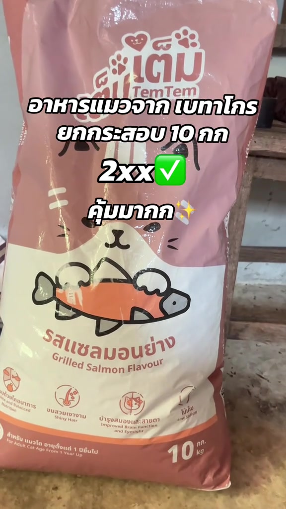 กระสอบอาหารแมวเต็มเต็ม TemTem รสแซลมอนย่างขนาด 10 กิโลกรัมสีชมพูวางตั้งพื้น