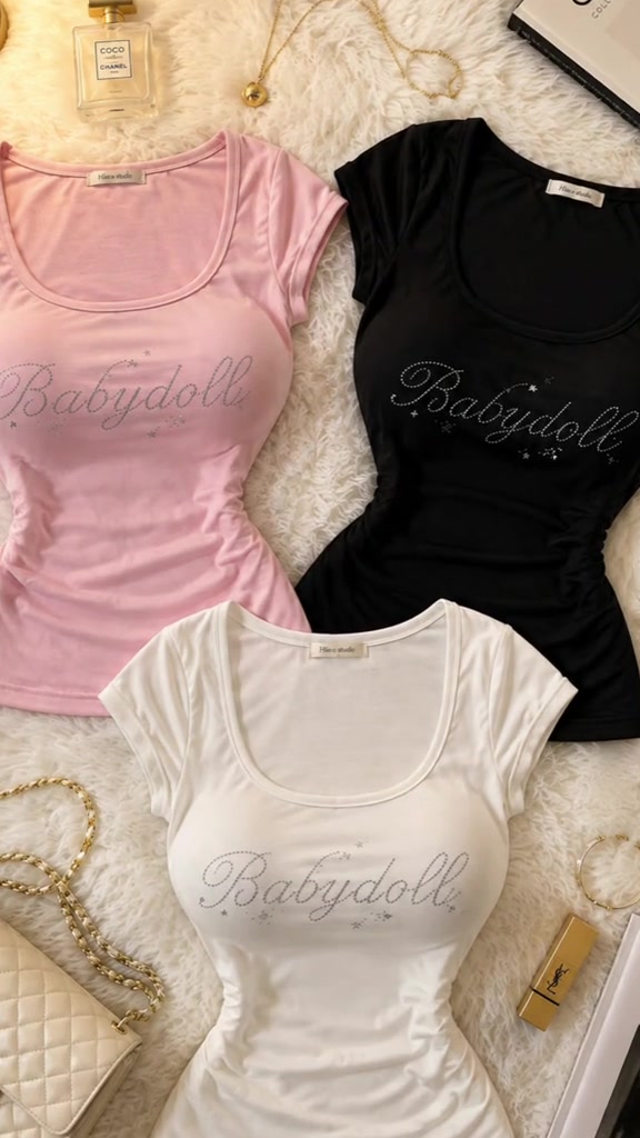 เสื้อยืดเข้ารูปสีชมพู ดำ และขาวสกรีนคำว่า Babydoll ที่อก วางเรียงบนพื้นขนสีขาว