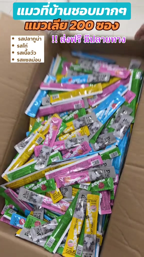 กล่องกระดาษบรรจุขนมแมวเลียหลากสีหลายรสเต็มกล่อง