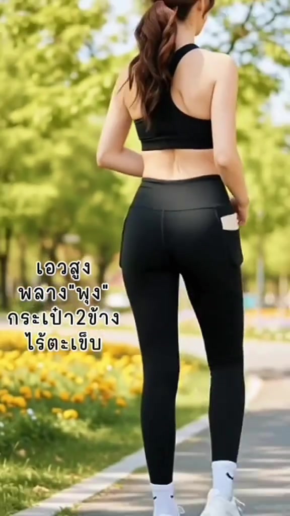 ด้านหลังของผู้หญิงใส่เลกกิ้งสีดำเอวสูงมีกระเป๋าข้าง เดินอยู่ในสวนกลางแจ้ง