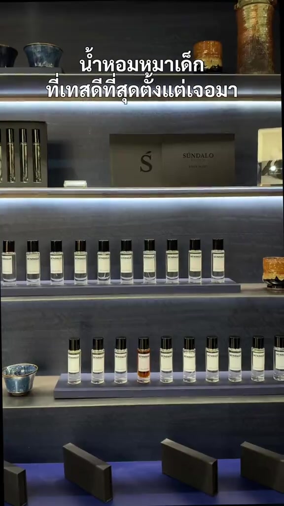 ชั้นวางในร้าน SÚNDALO เรียงขวดน้ำหอมฝาดำและกล่องสีเทาบนชั้นไฟแถบสีน้ำเงิน