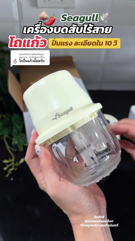 มือถือเครื่องบดสับไฟฟ้าไร้สายสีครีมตัวเล็กโถแก้วขนาด 350 มล. เห็นใบมีดภายในโถ