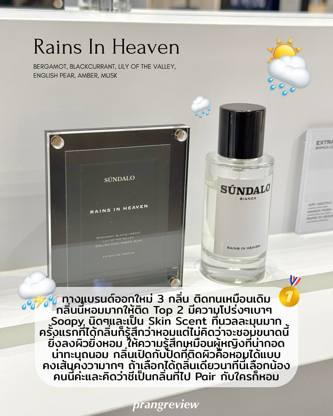 ขวดน้ำหอม SÚNDALO Rains in Heaven วางคู่ป้ายอะคริลิกบอกโน้ตกลิ่นบนเคาน์เตอร์ร้าน