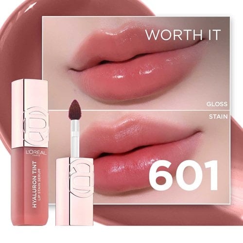 แท่งลอรีอัล ไฮยาลูรอน ทินต์สี 601 พร้อมหัวแปรง และภาพสวอชริมฝีปากสองแบบทั้งฟินิชกลอสและฟินิชสเตน