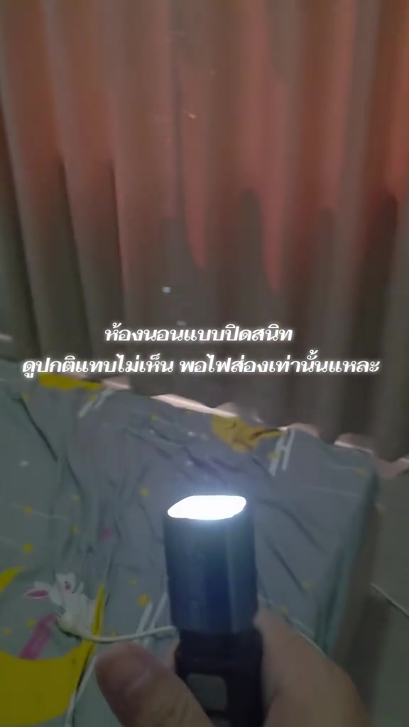 ห้องนอนมืดที่ปิดหน้าต่างสนิท พอเปิดไฟฉายส่องเห็นฝุ่นจิ๋วลอยเป็นจุดในลำแสงเหนือผ้าห่ม