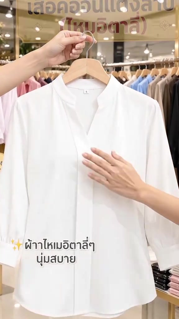 มือกำลังสัมผัสเสื้อคอจีนผ้าไหมอิตาลีสีขาวบนไม้แขวนในร้านเสื้อผ้า