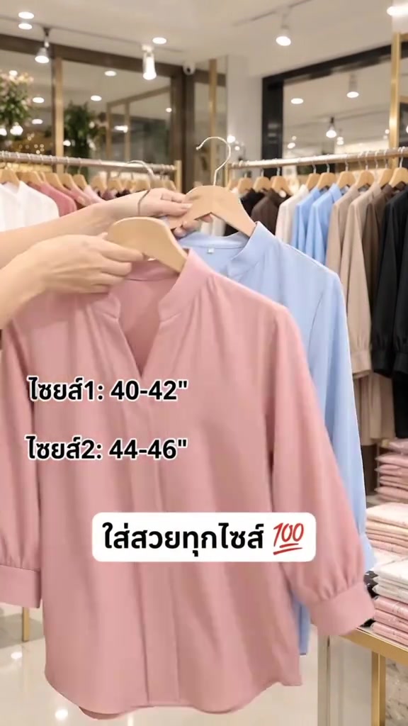 เสื้อคอจีนสีชมพูและสีฟ้าอ่อนแขวนบนไม้แขวนในร้าน พร้อมป้ายบอกขนาดรอบอกของแต่ละไซส์