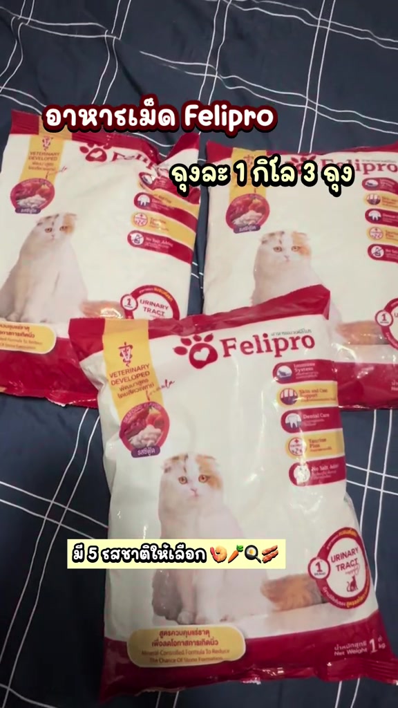 ถุงอาหารแมวสีขาวขอบแดงมีป้ายพัฒนาโดยสัตวแพทย์และป้ายระบบทางเดินปัสสาวะ พร้อมข้อความไทยสูตรควบคุมแร่ธาตุ