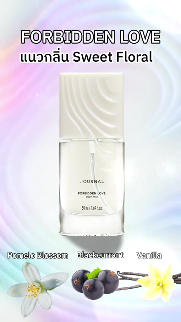 ขวด JOURNAL Body Mist กลิ่น Forbidden Love วางคู่ภาพดอกส้มโอ ลูกแบล็คเคอแรนท์ และฝักวานิลลา