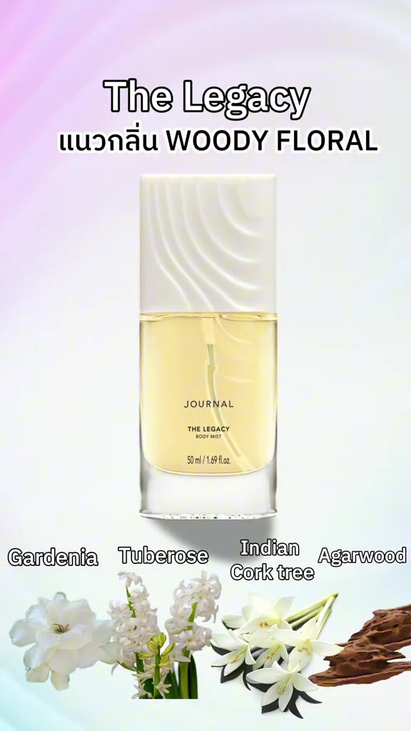 ขวด JOURNAL Body Mist กลิ่น The Legacy น้ำสีเหลืองอ่อน วางคู่ภาพดอกการ์ดีเนีย ทูเบอโรส และไม้กฤษณา