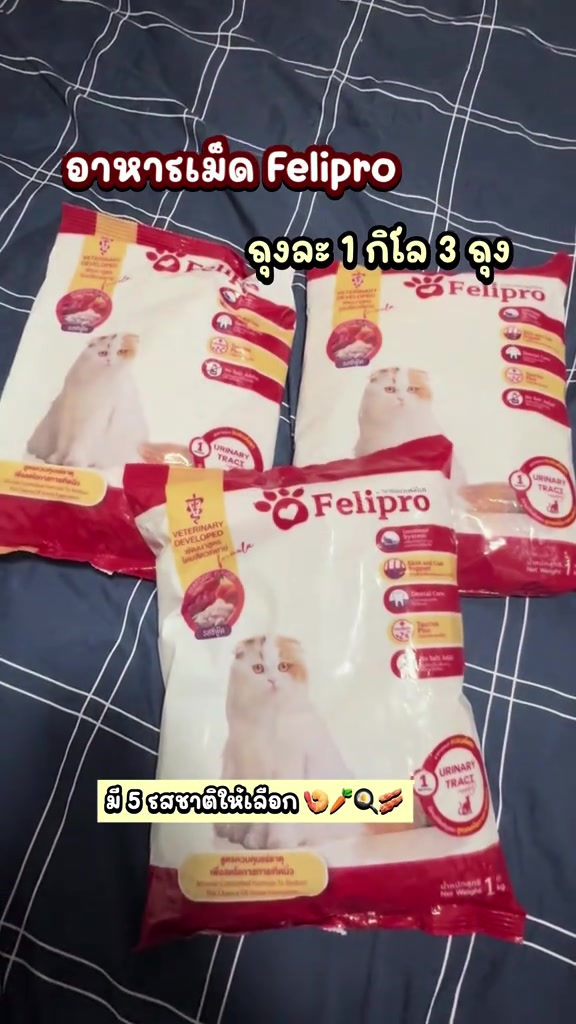 ถุงอาหารแมวเฟลิโปรสีขาวขอบแดงขนาดหนึ่งกิโลกรัมสามถุงวางเรียงบนผ้าสีเข้ม
