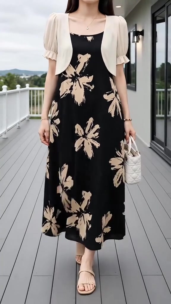 เดรสทรงสลิปยาวลายดอกสีดำใส่คู่เสื้อคลุมแขนสั้นสีครีมและรองเท้าแตะส้นเตี้ย