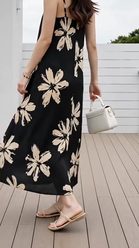 ด้านหลังของเดรสทรงสลิปยาวลายดอกสีดำใส่กับรองเท้าแตะส้นแบนและกระเป๋าถือใบเล็ก