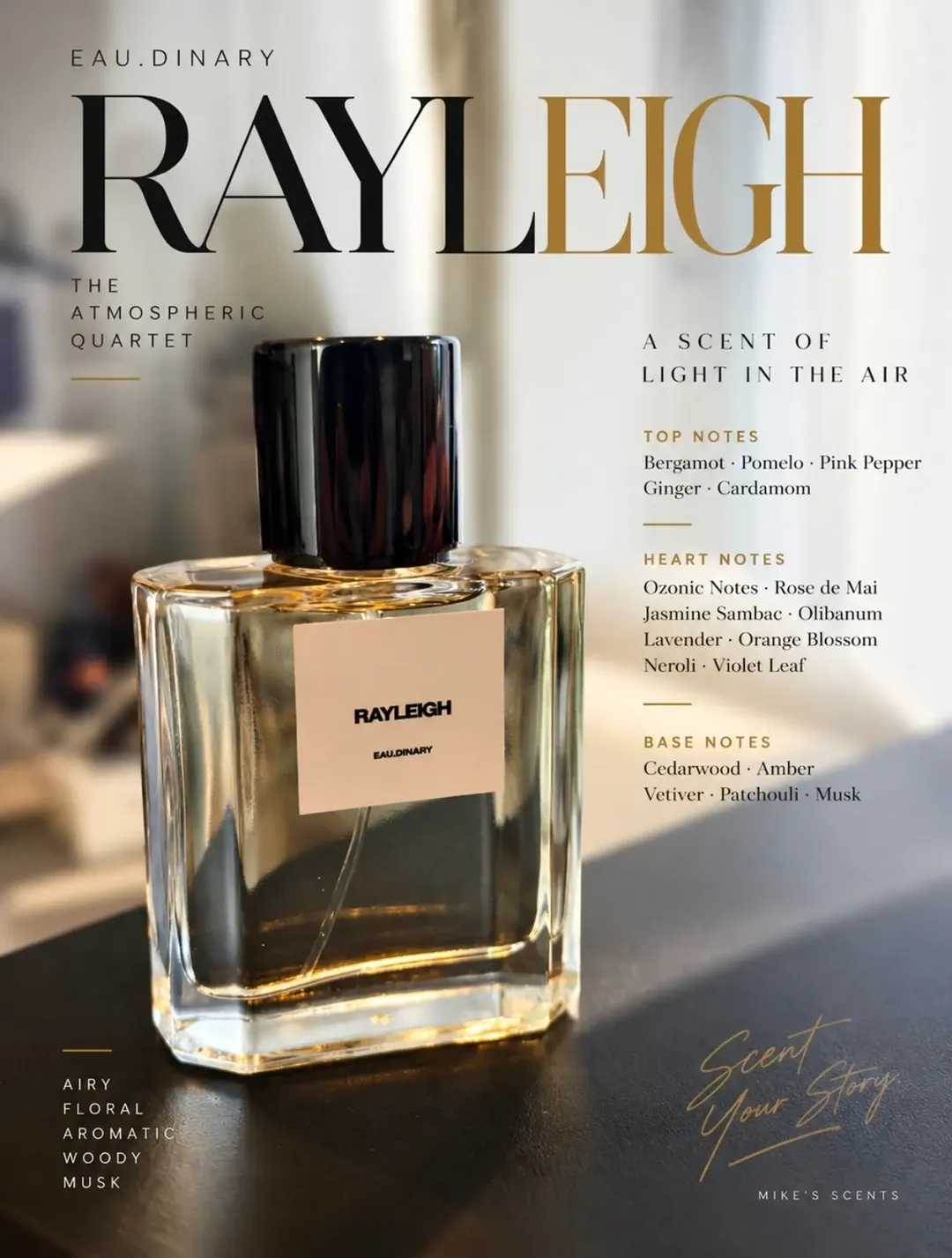ขวดน้ำหอม eau.dinary Rayleigh วางบนโต๊ะไม้สีเข้มพร้อมรายชื่อโน้ตกลิ่นท็อป ฮาร์ท และเบสเรียงข้างขวด