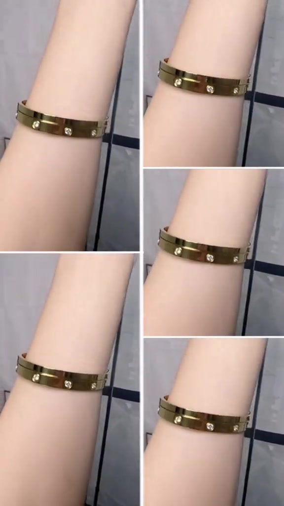 ภาพหลายมุมของข้อมือสวมกำไลสีทองฝังเพชรซีแซดเป็นระยะรอบวง