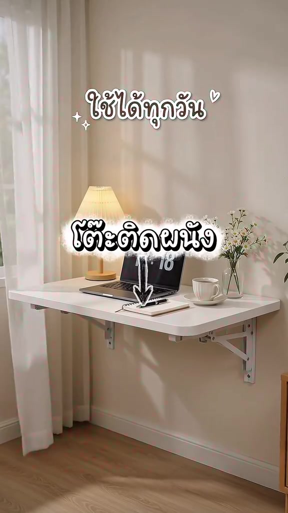 โต๊ะพับติดผนังสีขาวกางออก มีโน้ตบุ๊ก โคมไฟ และแก้วกาแฟวางบนท็อป ฉากขาพับเหล็กยึดใต้ท็อป