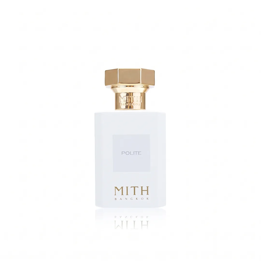 ขวดน้ำหอม MITH Polite ตัวขวดสีขาวด้าน ฝาทองคำทรงหกเหลี่ยม บนพื้นหลังสีขาว