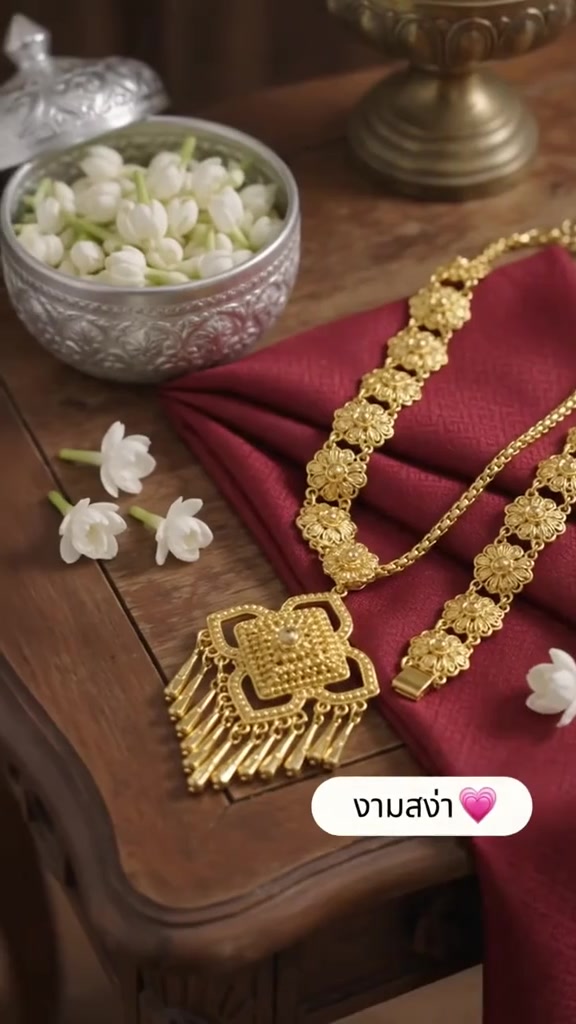 สร้อยคอและเข็มขัดชุดไทยลายดอกสีทองวางบนผ้าสีแดงเข้ม ข้างขันเงินใส่ดอกมะลิและดอกมะลิโรยบนโต๊ะไม้