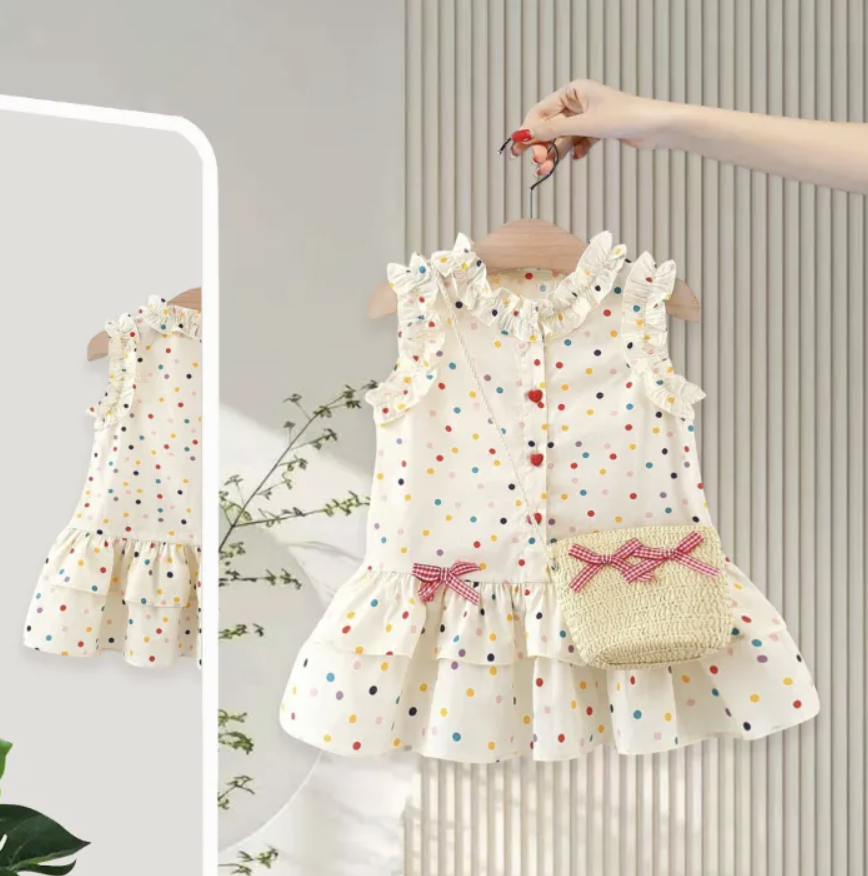 Girls' Skirt Set, New Summer, Sweet Skirt, Cute Bow Dress, Decorated with Polka Dots, 80-120 Cm.