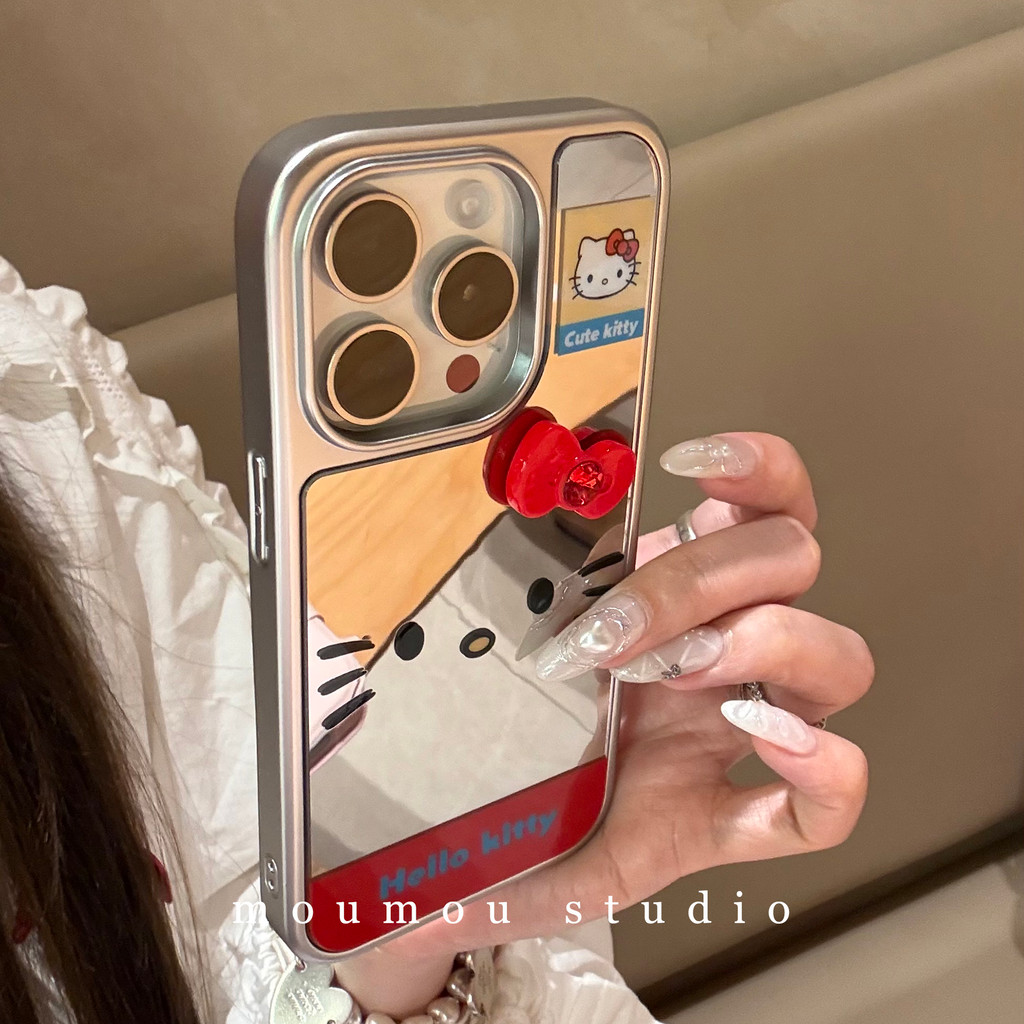 ราคาลดลงใหม่: Huiwanju — กระจกน่ารักการ์ตูนแมวแสดงออกสําหรับ iPhone16Promax เคสโทรศัพท์ Apple