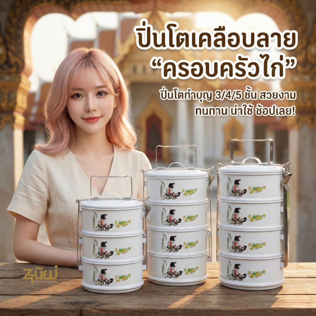 ลด 27%: ปิ่นโตZTนิยม ปิ่นโตเคลือบลายไก่