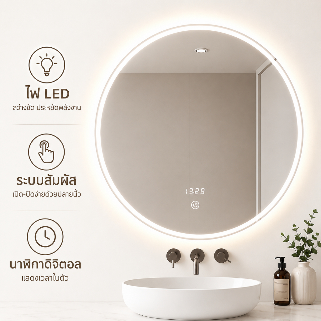 ลด 27%: กระจกห้องน้ํามีไฟ LED ทรงกลม