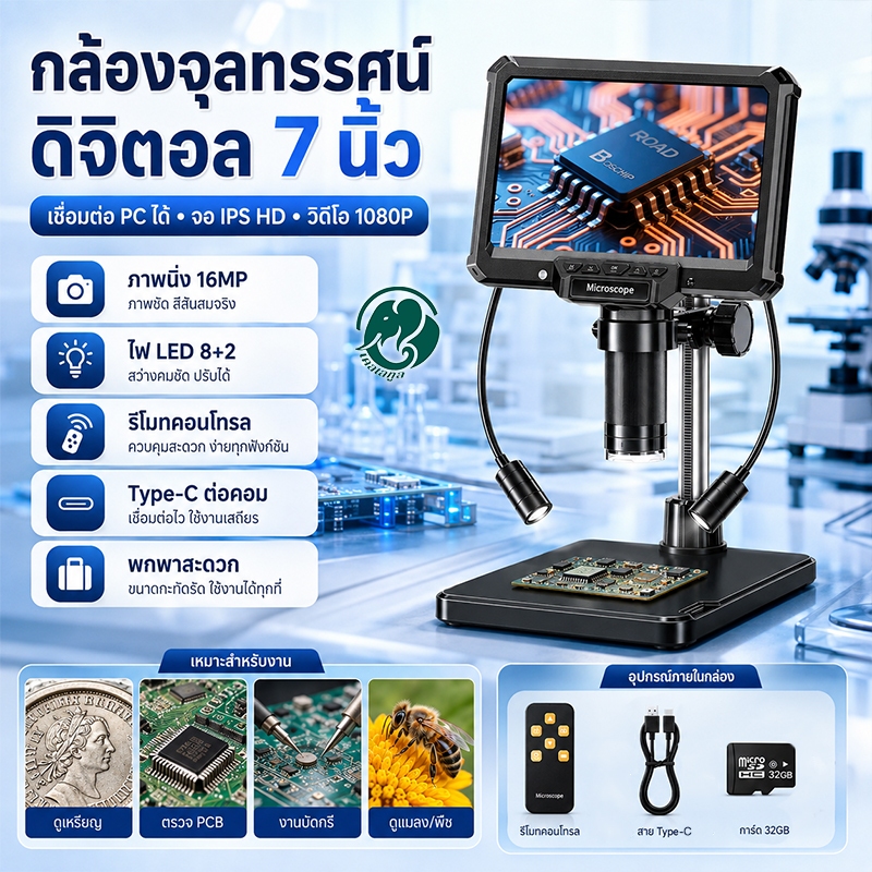 ลด 42%: กล้องจุลทรรศน์ดิจิตอล 7 นิ้ว
