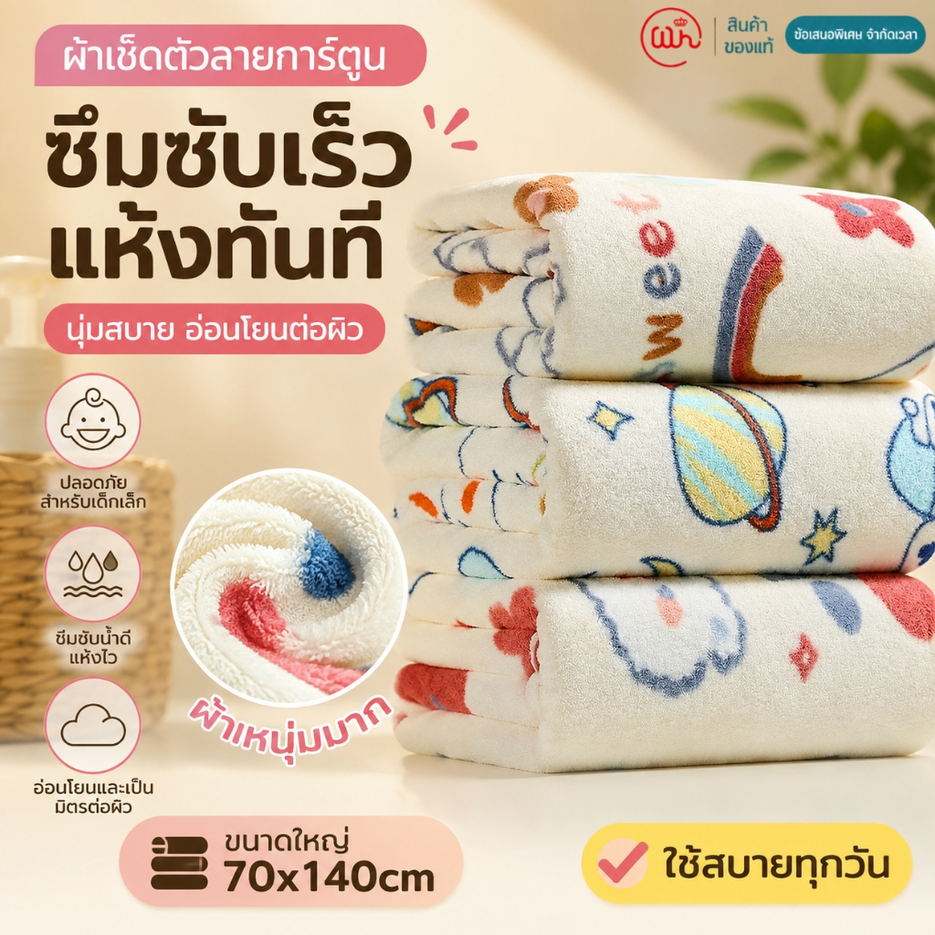 ลด 21%: ผ้าเช็ดตัวการ์ตูน 70x140cm