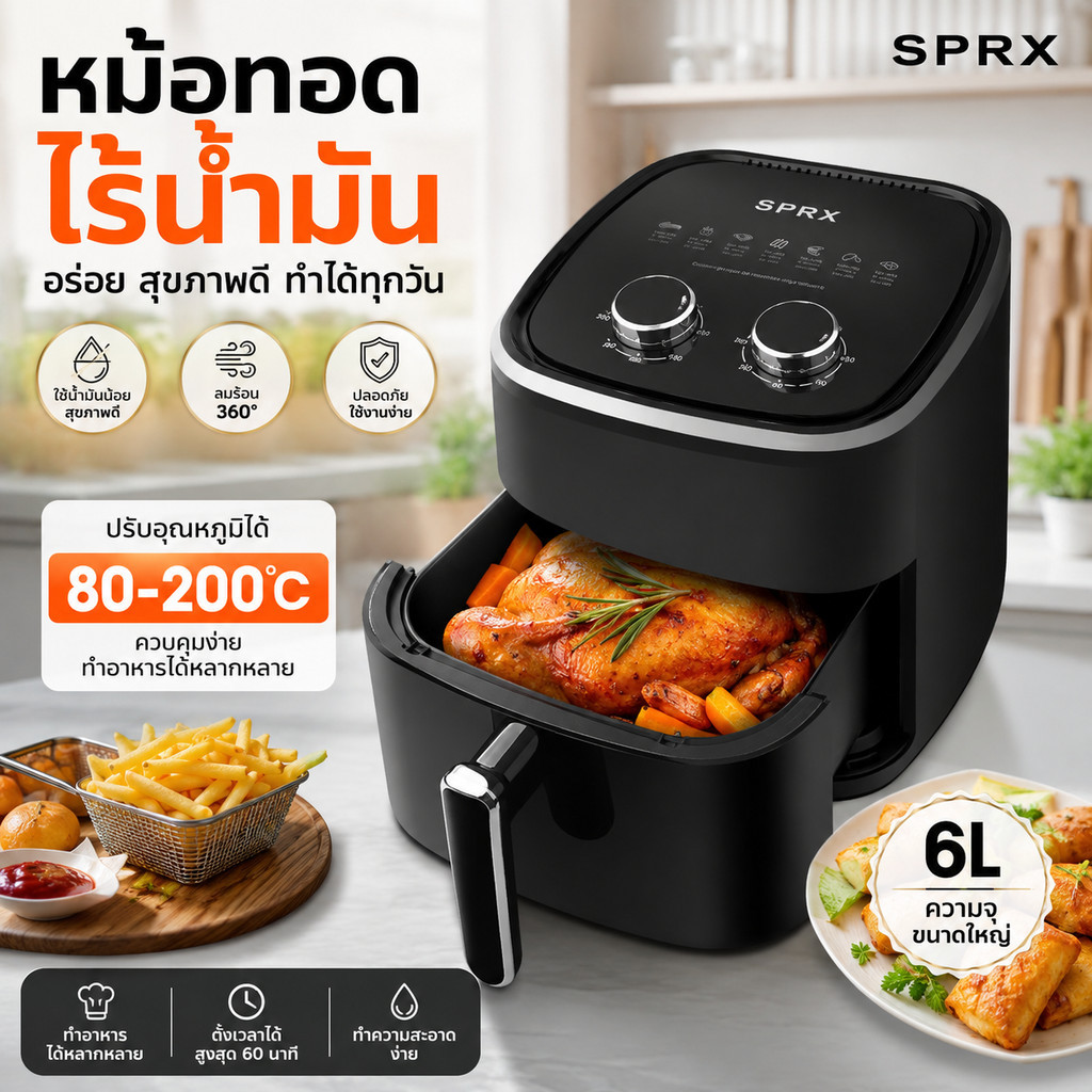 ลด 24%: หม้อทอดไร้น้ํามัน 6L ขนาดใหญ่