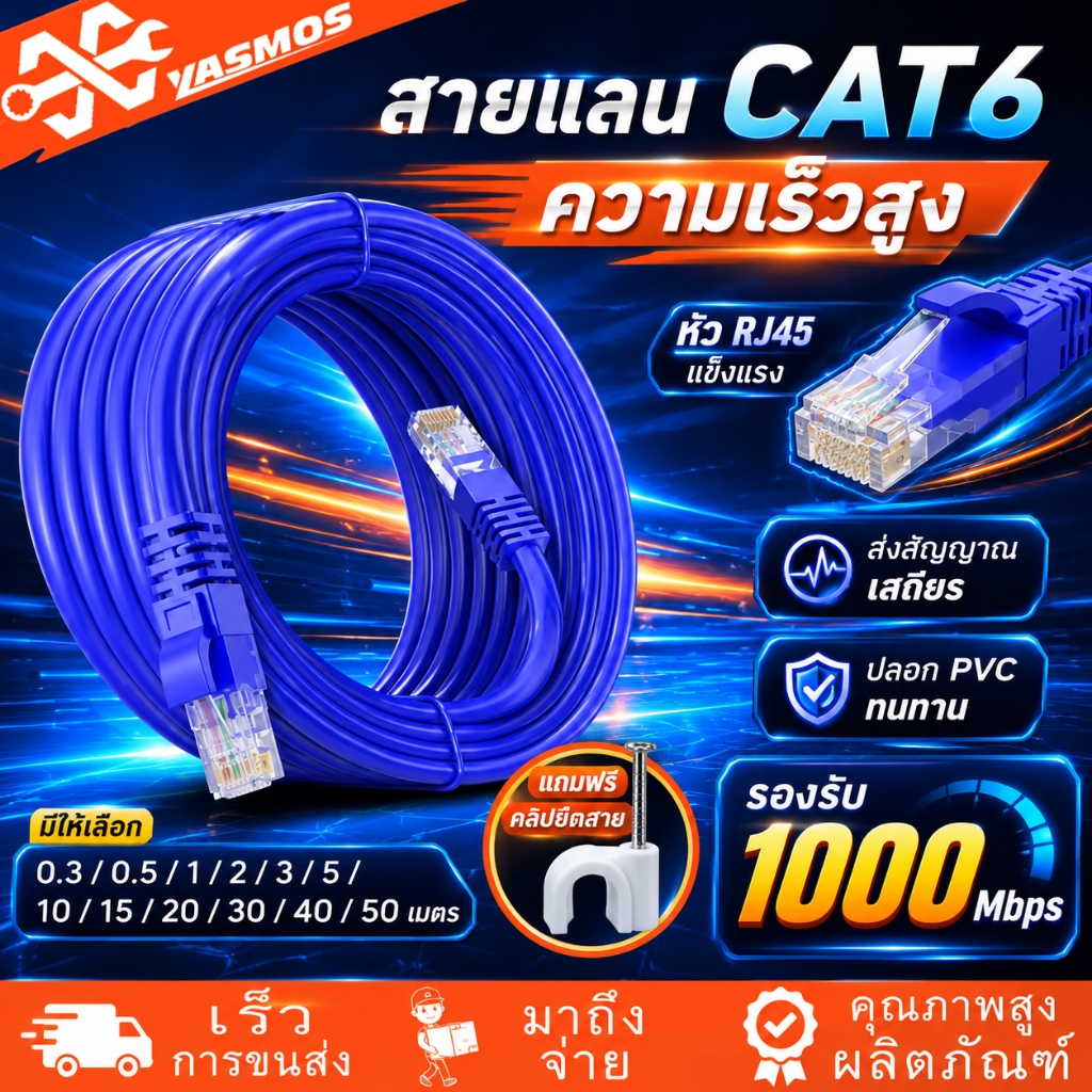 ลด 35%: สายแลน CAT6 สีน้ําเงิน RJ45 1Gbps